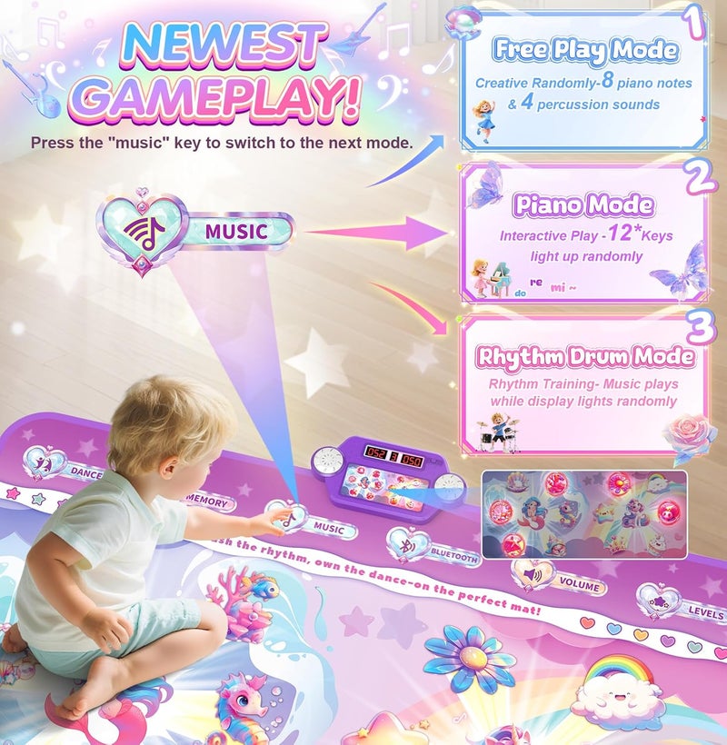 MUZREES Dance Mat, Bluetooth Dance Pad Toy with LED Lights, 2 Players Unicorn Dance Pad for Kids, Birthday Party Game Music Princess Gift Ideas for Girls 3-12 - Image 3